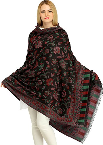 Exotic India Women Reversible Jamawar Wool Shawl with Woven Flowers | Ethnic Beautiful Floral Weave Stole, Dupatta - color: Black and Green