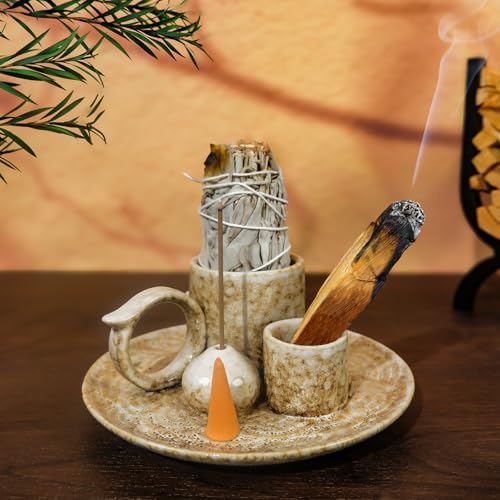 MOUGIGI 5.1Inch 5-in-1 Ceramic Smudge Bowl Brown - Incense Stick Holder, Small Candle Holder, Smudge Bowl/Dish, Fits Palo Santo, Sage.Zen Altar for Meditation/Yoga, Aromatic Scents, Easy to Clean - color: Multifunctional Palo Plate-brown