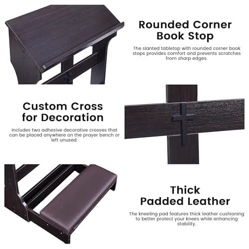 Foldable Prayer Kneeler, Wooden Prayer Bench with Cushion Pad, Rounded Corner Bookend, Reinforced Steel Tube Base and Customizable Cross Decoration, (Dark Brown)