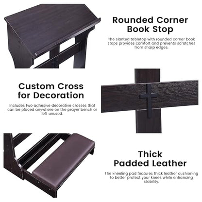 Foldable Prayer Kneeler, Wooden Prayer Bench with Cushion Pad, Rounded Corner Bookend, Reinforced Steel Tube Base and Customizable Cross Decoration, (Dark Brown)