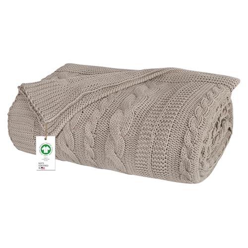 Organic Cotton Throw Blanket 50x70 inches, GOTS Certified Cable Knitted Throws Blanket for Sofa Couch Bed, Baby Nursery, Lightweight Cozy Warm Decorative Blanket All Season Use (Light Grey) - color: Light Grey