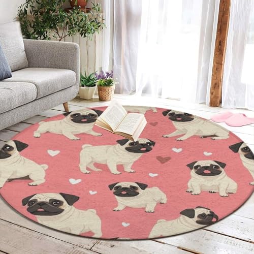 Room Sofa Yoga Soft Round Carpet, Modern Round Area Rug, Non-Slip Machine Washable Kitchen Office Circle Rug Compatible with Funny Cartoon Pugs Puppy Pink 24inch(60cm) - color: Color716, size: 24inch(60cm)