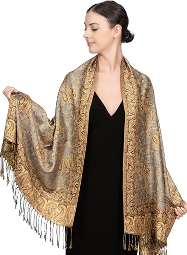 Achillea Reversible Paisley Pashmina Rave Scarf – Exotic Indian Shawls and Wraps for Evening Dresses, Festivals, All Seasons - color: Grey Bronze