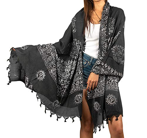 Tribe Azure Fair Trade Large Scarf Wrap Yoga Soft Cotton Mix Hand Printed Boho Bohemian White Black Yellow - color: Black