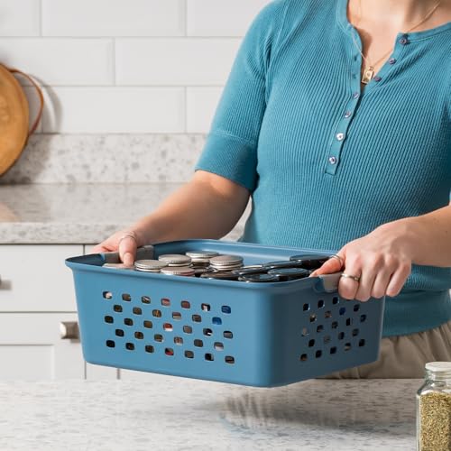 IRIS USA Plastic Storage Basket, 6-Pack, Medium, Shelf Basket Storage Organizer for Pantry, Cabinet, Bedroom, Closet, Laundry Room, Eco-Friendly, Navy