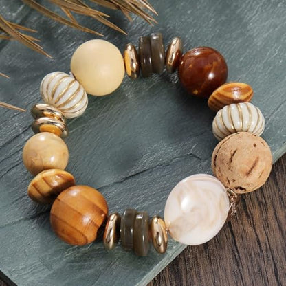 Multi Beaded Statement Bracelet Wooden Acrylic Beads Stretch Chunky Beads Bracelet for Wome Gift(BR-1215-Orange Mix)