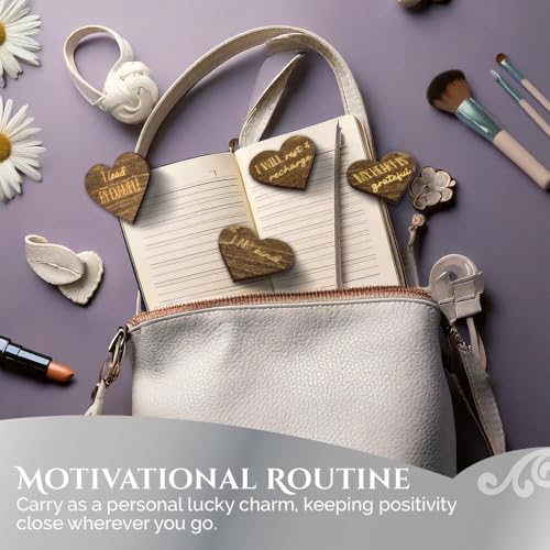 Positive Affirmation Wood Cutouts | 72 Unique Laser Engraved Wood Hearts with Positive Affirmation Messages | Includes Desktop Affirmation Holder | Daily Motivational Gift - style: Affirmation Chips