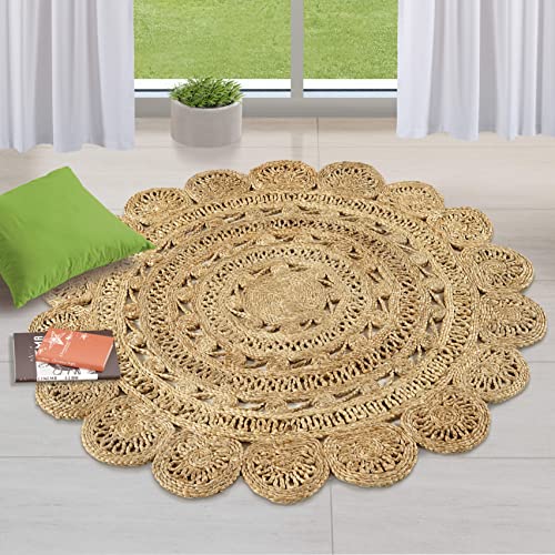 Handwoven 4ft Jute Area Rug-Natural Fiber Round Handmade Boho Farmhouse Rustic Vintage Soft Braided Reversible Rug-Indoor EcoFriendly Kitchen Bedroom Living Room Hallways Enterways 4'feet Round - color: Natural- 35, size: 4' (Round)