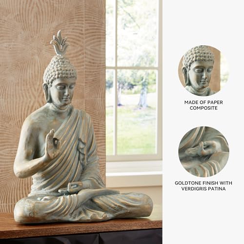 Signature Design by Ashley Hosgrove Cultural Tabletop Paper Composite Sitting Buddha Sculpture, Metallic & Green