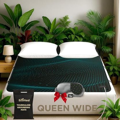 Luxury Tourmaline Grounding Mat Queen Wide 59” x 54” for Bed & Desk – Conductive PU Leather Surface, Quality Certified, Includes Silver Sleep Mask & 15ft Cord - size: Queen - 59”x54”
