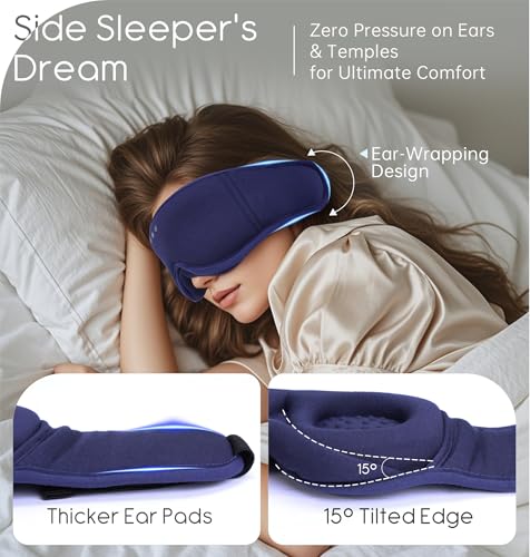 Sleep Mask with Headphones Bluetooth 5.4, TOPOINT 3D Eye Mask Blackout with Soft Bamboo Cotton for Side Sleepers Women Men, Sleep Headphones Earphones HD Speaker Microphone for Travel Meditation Gift - color: Blue