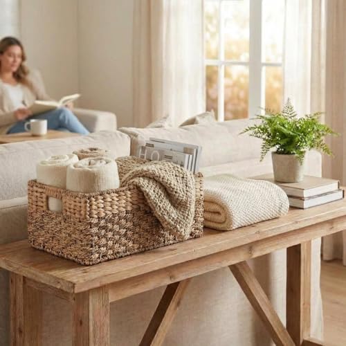 Medium Wicker Storage Baskets with Handles, Natural Seagrass and Hyacinth Woven Storage Basket for Organizing Shelves, Bedroom, Pantry, Rectangular, 15.5 x 9.5 x 6.5 Inches - size: Medium - 15.5" x 9.5" x 6.5" in.