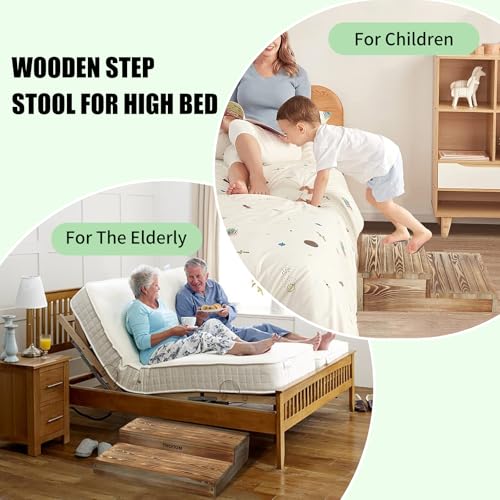 Wooden 2 Step Stool for High Beds, Moderate & Applicable 2-Step Stools for Seniors, Solid Wood steppingStool, Built-in Handle for Easy Carrying, 25.6" W - size: 25.6" W