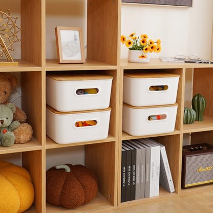 Citylife Storage Bins with Bamboo Lids 16QT Plastic Storage Containers Stackable Organizer Boxes with Handle for Desk Snacks, Toys, 2 PCS, 15" L x 10.6" W x5.8 H - size: Large, style: 2 Pack