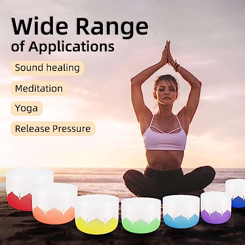 6-12inch Color Lotus 432hz Quartz Crystal Singing Bowls Set of 7, for Healing Mindfulness Meditation Yoga Sound Baths with Case Mallet Suede Striker