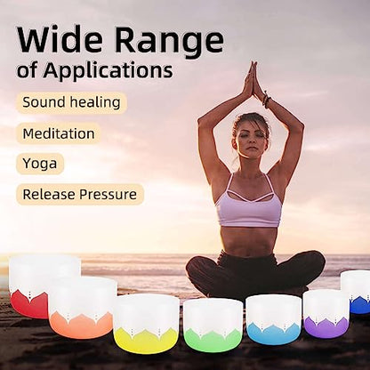 6-12inch Color Lotus 432hz Quartz Crystal Singing Bowls Set of 7, for Healing Mindfulness Meditation Yoga Sound Baths with Case Mallet Suede Striker
