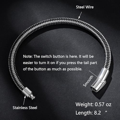 Men's Leather Bracelet, Stackable Stainless Steel Clasp Bracelets for Men Stylish Birthday, Thanksgiving, Valentine's Day Gift for My Man - style: 8.2" Gunmetal Color Button