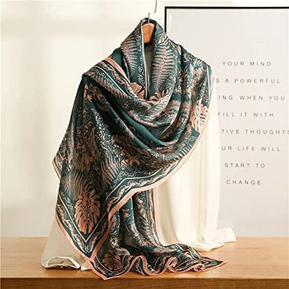 100% Mulberry Silk Long Scarf for Women Large Shawls for Headscarf and Neck- Oblong Hair Wraps with Gift Packed - color: Green&pink Leaves