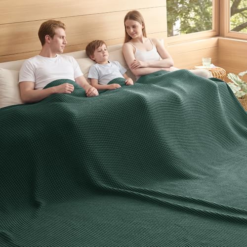 Bedsure 100% Cotton Oversized King Blanket for Spring Summer, Waffle Weave Couch Cover California King Blanket, Thin Lightweight Breathable Bedding Gifts for Women, Men, Teens, Dark Green, 120"x94" - color: Dark Green, size: Oversized King (120" X 94")