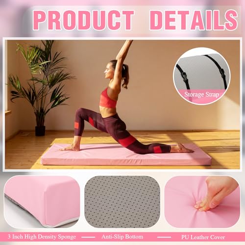 Lyrow 3 Inch 72"x 24" Thick Foldable Yoga Mat with Carry Strap, Non-slip Portable Foam Gym Mat for Yoga, Pilates and Stretching - color: Peach Pink