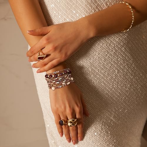 SPUNKYsoul Beaded Stretch Bracelet Set – Multi-Piece Stackable Fashion Bracelet Collection, Elastic Fit, Minimalist Boho Jewelry for Everyday Wear - style: Brown & Gold