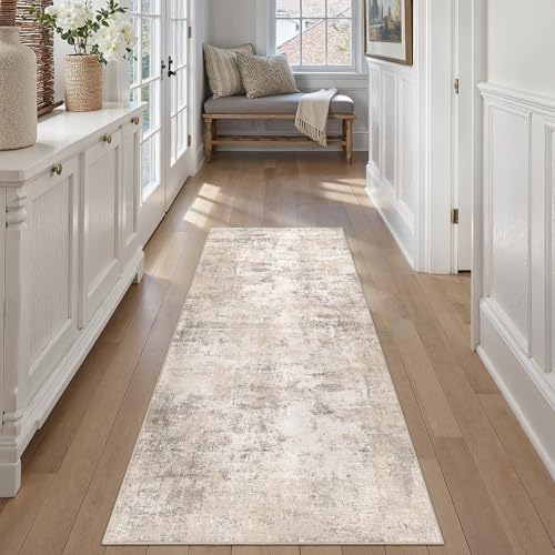 2'6x8 Washable Runner Rug Beige Grey Abstract Non Slip Soft Low Pile Hallway Kitchen Rug Neutral Modern Carpet for Laundry Bathroom Bedroom Living Room Home Decor - color: Beige/Grey, size: 2'6" x 8' (Runner)