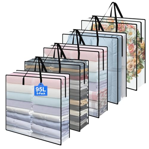 95L Under Bed Storage Bag, 5-Pack Clothes Storage Bag, Clear Bag for Quilt Pillow Blanket Bedding Storage or Wreath Closet Organizer Home Storage - style: 5-Pack