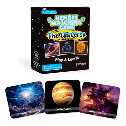 Menique Universe Memory Matching Game – 60 Cards (30 Pairs) – Bilingual Space Game with Planets, Stars & More – Educational for Kids and Adults - style: Universe