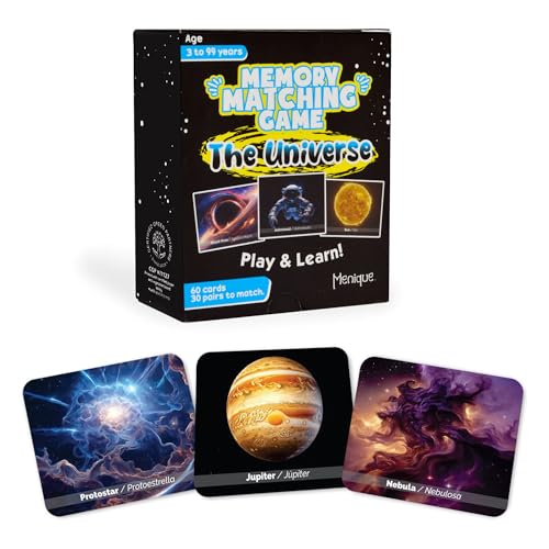 Menique Universe Memory Matching Game – 60 Cards (30 Pairs) – Bilingual Space Game with Planets, Stars & More – Educational for Kids and Adults - style: Universe