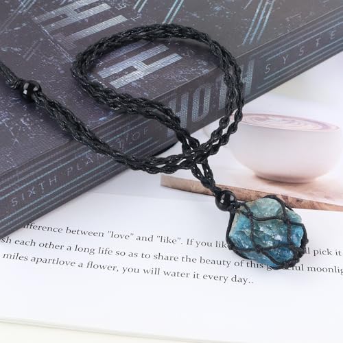 Natural unprocessed crystal raw stone hand woven rope adjustable necklace pendant for both men and women - color: A-Blue apatite