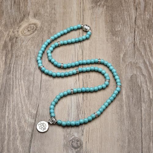 6mm 108 Mala Beads Bracelet, Yoga Zen Necklace with Buddha and Lotus Charm for Prayer - style: Green Turquoise