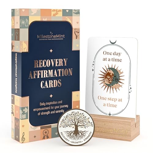 MilestoneMint Daily Affirmation Cards, 50 Positive Affirmation Cards Double Sided, Sobriety and Recovery Daily Mindset Prompts, Includes Sobriety Coin & Wooden Card Stand, Perfect Recovery Gift - size: 50 Cards Wooden Stand + Tree Coin