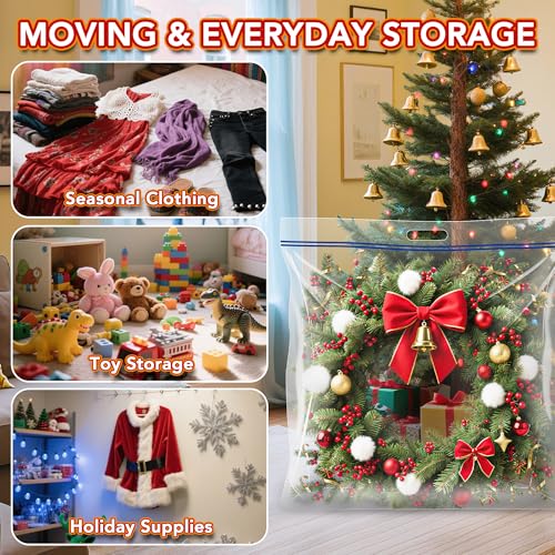 Extra Large Clear Wreath Storage Plastic Bag with Handle For Halloween Summer Christmas Decoration or Clothing Blanket Comforters Bed Sheets Pillows, 4 Pack, 34"x34"x7"