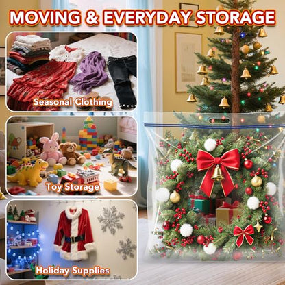 Extra Large Clear Wreath Storage Plastic Bag with Handle For Halloween Summer Christmas Decoration or Clothing Blanket Comforters Bed Sheets Pillows, 4 Pack, 34"x34"x7"