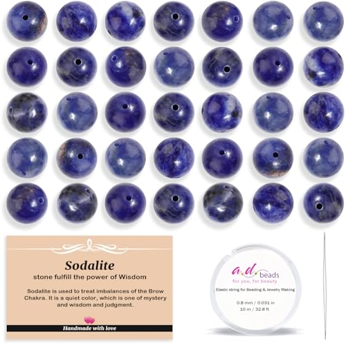 AD Beads 100pcs 10mm Natural Blue Sodalite Round Beads, Healing Energy Gemstone DIY Jewelry Kit with Elastic Cord and Needle - color: Blue Sodalite, size: 10mm-100pcs