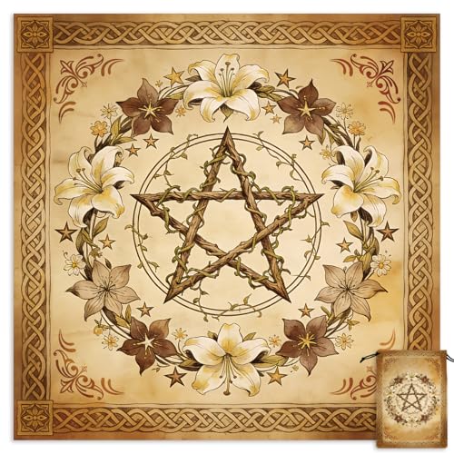 Tarot Altar Cloth Lily Wreath and Pentagram Print Card Table Tablecloth Mystical Tablecloth with Tarot Bag for Reading Rituals Crystals Spiritual Divination Witchcraft Supplies - color: Lily Wreath and Pentagram