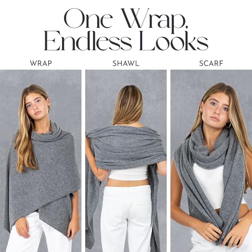 Velanio Cashmere Luxury Knitted Wrap Travel Shawl Scarf, Pashmina Stole, All-Season Scarf for Women Cashmere Wool Blend - color: Heather Smoke-grey