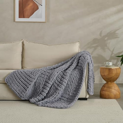 Chunky Knit Blanket Throw 50x60 Inches,Handmade Cable Knit Crochet Blanket,Cozy Lightweight All Season,Wrinkle-Resistant Polyester for Couch Bed Sofa Reading Nook,Grey - color: Grey