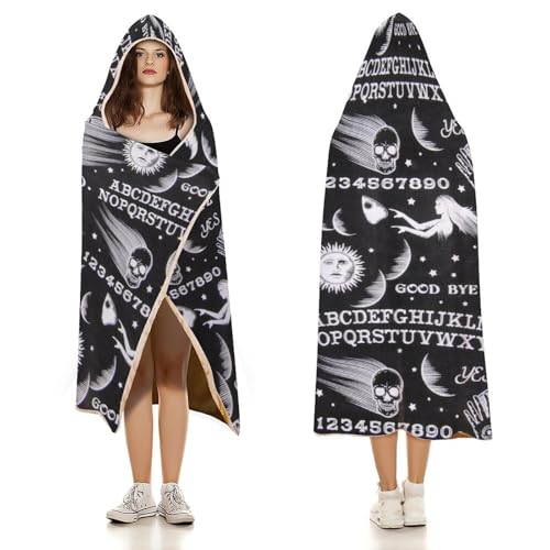 Skull Moon Sun Gothic Witch Board Seamless Black Large Size Comfortable Hooded Blanket, Warm Blanket 60"x80" - color: Skull Moon Sun Gothic Witch Board Seamless Bl, size: 60"x80"