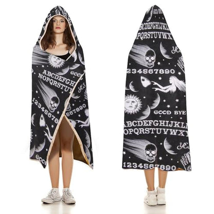Skull Moon Sun Gothic Witch Board Seamless Black Large Size Comfortable Hooded Blanket, Warm Blanket 60"x80" - color: Skull Moon Sun Gothic Witch Board Seamless Bl, size: 60"x80"