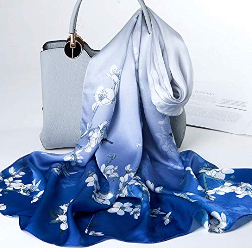 100% Mulberry Silk Long Scarf for Women Large Shawls for Headscarf and Neck- Oblong Hair Wraps with Gift Packed - color: Blue&white Plum Flowers