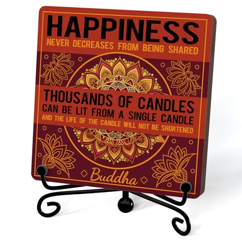 Buddha Happiness Quote Desk Decor, Funny Office Inspirational Gifts for Family Friends, Meditation Room Tabletop Decor, Zen Home Office Wooden Plaque Sign with Stand (J03) - style: Happiness