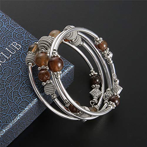 PEARL&CLUB Beaded Chakra Bangle Turquoise Bracelet - Fashion Jewelry Wrap Bracelet with Thick Silver Metal and Mala Beads, Birthday Gifts For Women