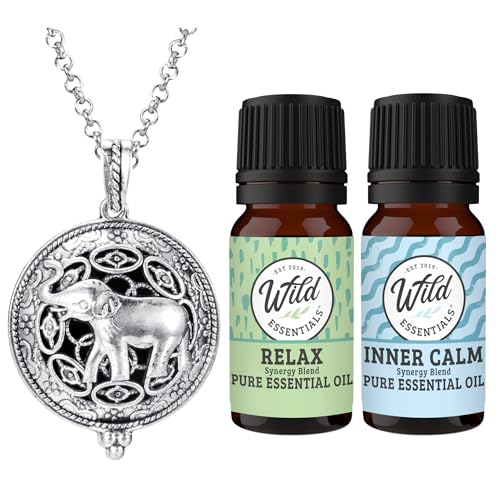 Wild Essentials Elephant Essential Oil Diffuser Necklace Gift Set with Inner Calm & Relax Oils – Nickel Free Alloy Pendant with 12 Color Pads – USA Made Oils & Perfume Necklace – Family Company - color: Silver Elephant, size: 2 Oils