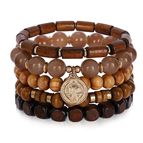 Bohemian Natural Stone Beaded Bracelets for Women Men Stackable Stretch Beads Bracelet Set with Charm and Tassel Multilayered Elastic Gemstone Bracelets Summer Beach Boho Jewelry Gift for Women - color: Brown Wooden Beads