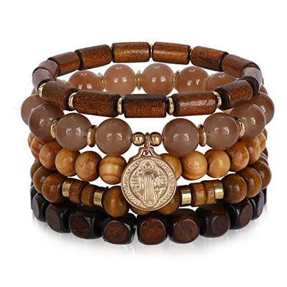 Bohemian Natural Stone Beaded Bracelets for Women Men Stackable Stretch Beads Bracelet Set with Charm and Tassel Multilayered Elastic Gemstone Bracelets Summer Beach Boho Jewelry Gift for Women - color: Brown Wooden Beads