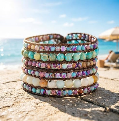 YGLINE Boho Handmade Natural Stone Bead 3 Row Wide Wrap Wrist Statment Bracelet Jewelry Collection - color: 2pcs/set