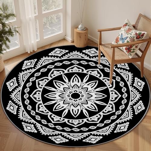 Mandala Area Rug, 6ft Washable Round Rug with Black and White Bohemian Moroccan Geometric Pattern, Non-Slip Soft Low Pile Carpet for Living Room, Bedroom and Home Decor - color: Star 1, size: 6'/72''