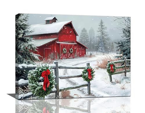 Fuzawet Christmas Wall Art Farmhouse Red Barn Pictures Wall Decor Cardinal Bird Canvas Painting Print Home Modern Artwork Decorations for Bathroom Living Room Bedroom 16 x 12 inch - color: Winter Barn, size: 16"L x 12"W
