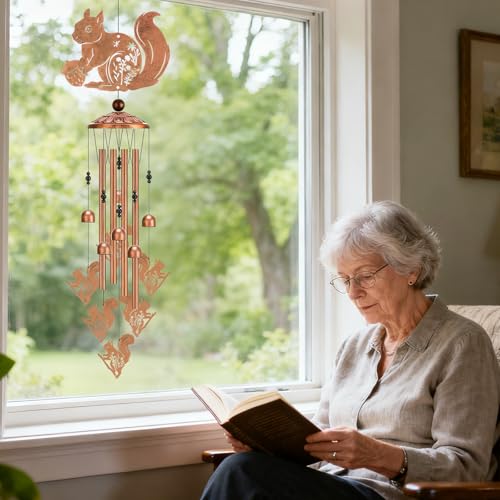 Squirrel Gifts Wind Chimes - Metal Hanging Windchime Outdoor Decoration for Garden Backyard Indoor Balcony Waterproof Christmas New Year Birthday Gift for Animal Lover Women Mom Grandma